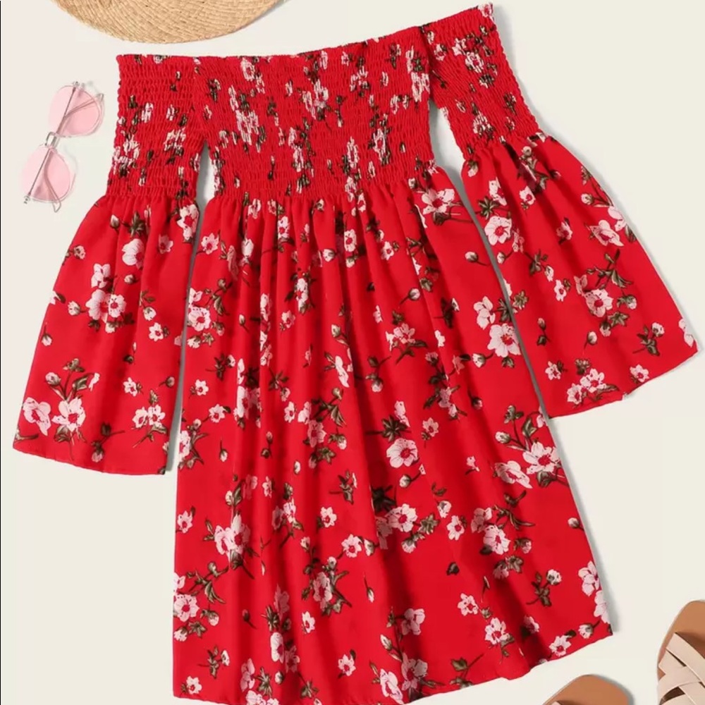 Red floral off the shoulder dress